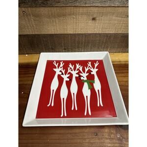 Crate & Barrel Reindeer Serving Tray Plate Platter 12” Square Christmas